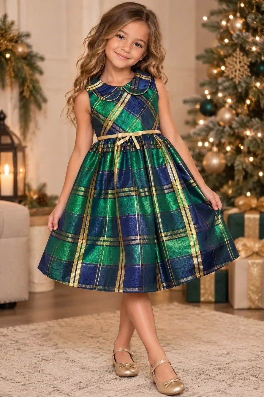 Bonnie Jean Girls Size 6 Green Navy Metallic Gold Plaid Holiday Christmas Dress